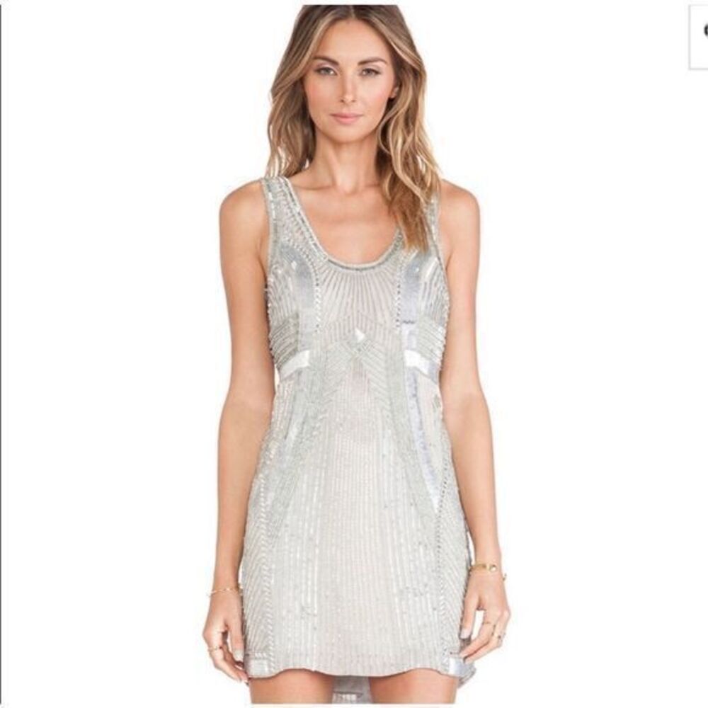 Parker Women’s Comoros Silver Sequin Dress Mini Beaded Silk Party Short XS P